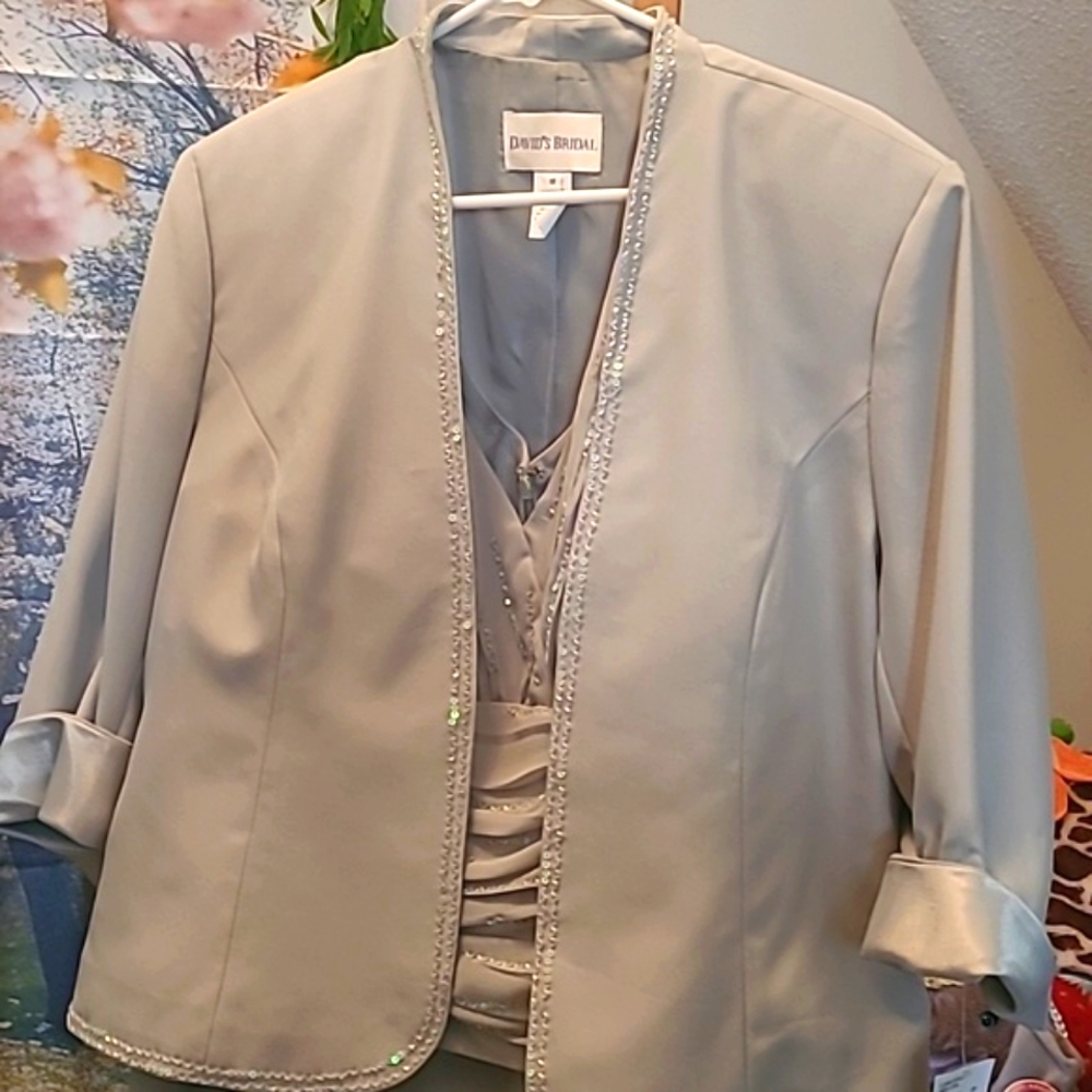 David's Bridal dress with jacket sage green